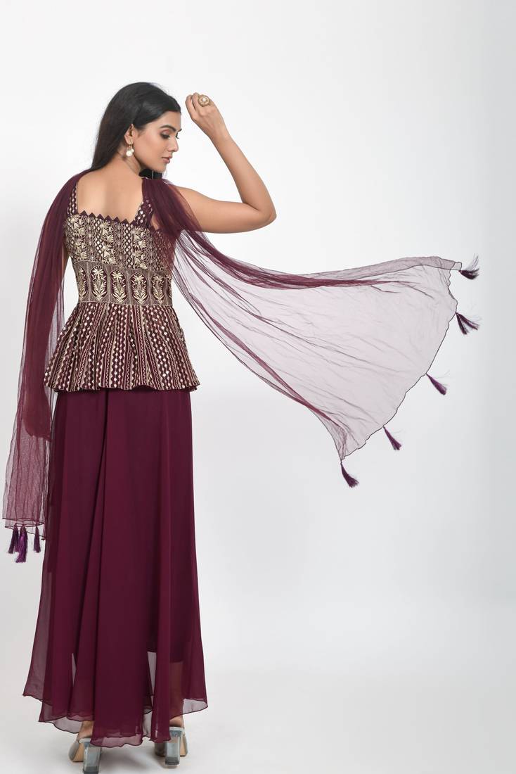 Wine Embroidered Sequinned Georgette Sleeveless Kameez, Sharara and Dupatta Set