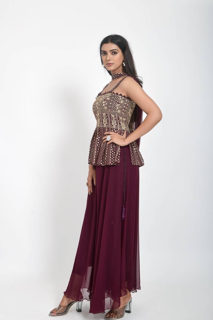 Wine Embroidered Sequinned Georgette Sleeveless Kameez, Sharara and Dupatta Set