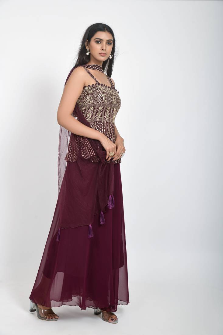 Wine Embroidered Sequinned Georgette Sleeveless Kameez, Sharara and Dupatta Set