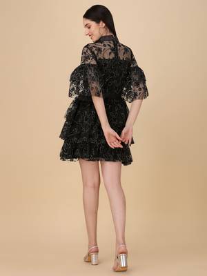 Women   s Zari And Flock Printed Knee Length Flared Knee Length Top (MAK9FLOCK) 2