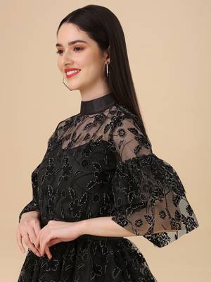 Women   s Zari And Flock Printed Knee Length Flared Knee Length Top (MAK9FLOCK) 5