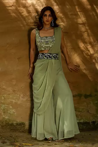 Alina Green Drape Sharara Set