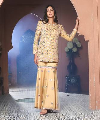 Noori Mustard Mirror work Jacket Garara Set 1
