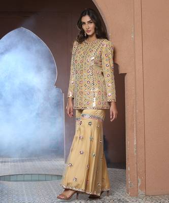 Noori Mustard Mirror work Jacket Garara Set 2