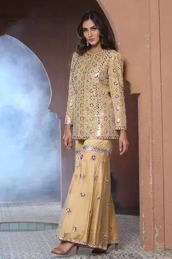 Noori Mustard Mirror work Jacket Garara Set