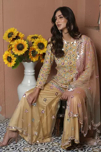 Noori Mustard Mirror work Jacket Garara Set