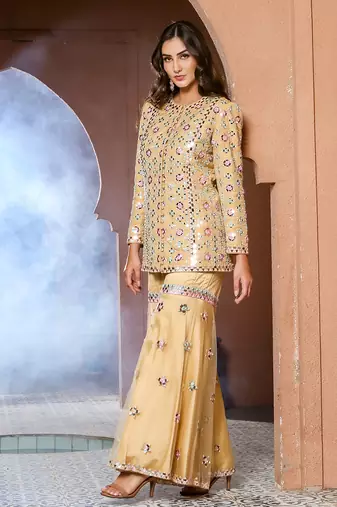 Noori Mustard Mirror work Jacket Garara Set