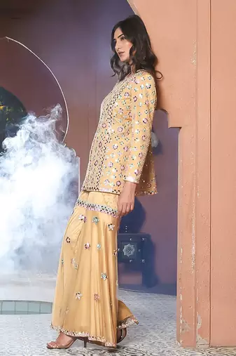 Noori Mustard Mirror work Jacket Garara Set