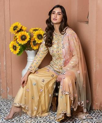 Noori Mustard Mirror work Jacket Garara Set 7