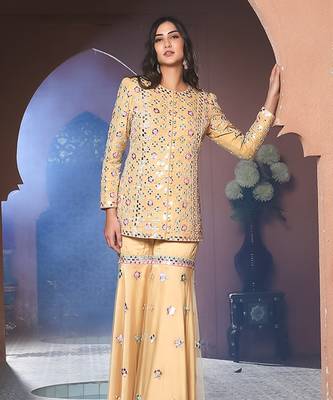 Noori Mustard Mirror work Jacket Garara Set 8