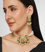 AQUASTREET Gold Plated Handcrafted Pachi Kundan with Green drops and Pearly Chain Choker Set 