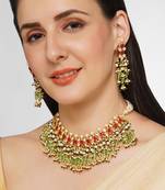 AQUASTREET Gold Plated Handcrafted Pachi Kundan & Mint, Pink beads Necklace Set