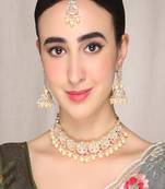 AQUASTREET Gold Plated Handcrafted Kundan And Peach Enamelled Choker Necklace Set with Tika