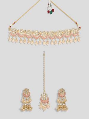AQUASTREET Gold Plated Handcrafted Kundan And Peach Enamelled Choker Necklace Set with Tika 2