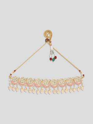 AQUASTREET Gold Plated Handcrafted Kundan And Peach Enamelled Choker Necklace Set with Tika 3