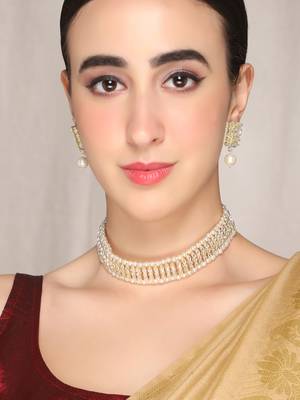 AQUASTREET Gold Plated Handcrafted Kundan Choker Necklace Set With Pearls Line 1