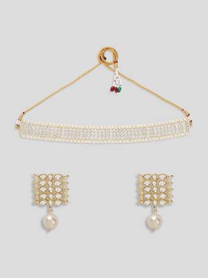 AQUASTREET Gold Plated Handcrafted Kundan Choker Necklace Set With Pearls Line 2