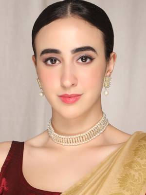 AQUASTREET Gold Plated Handcrafted Kundan Choker Necklace Set With Pearls Line 5