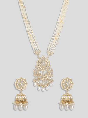 AQUASTREET Gold Plated Handcrafted Kundan And White Stones Studded Pearls Embellished Necklace Set  3