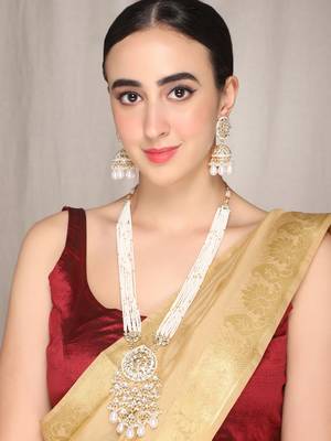 AQUASTREET Gold Plated Handcrafted Kundan And White Stones Studded Pearls Embellished Necklace Set  6