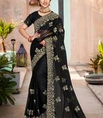 Designer Black Heavy Zari Embroidery Border Work Shimmer Silk Party Wear Saree