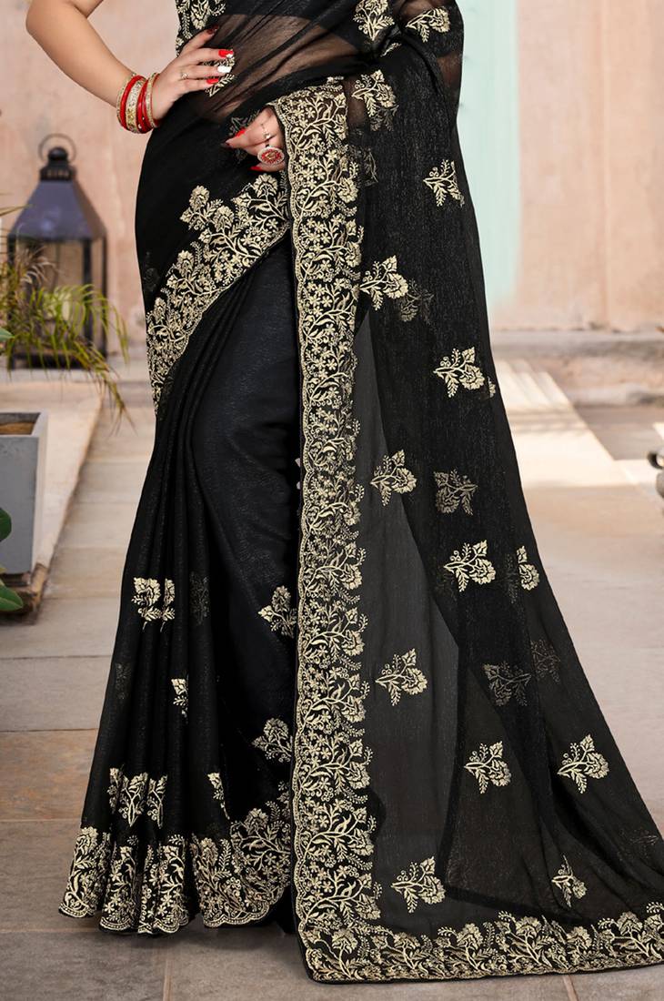 Designer Black Heavy Zari Embroidery Border Work Shimmer Silk Party Wear Saree