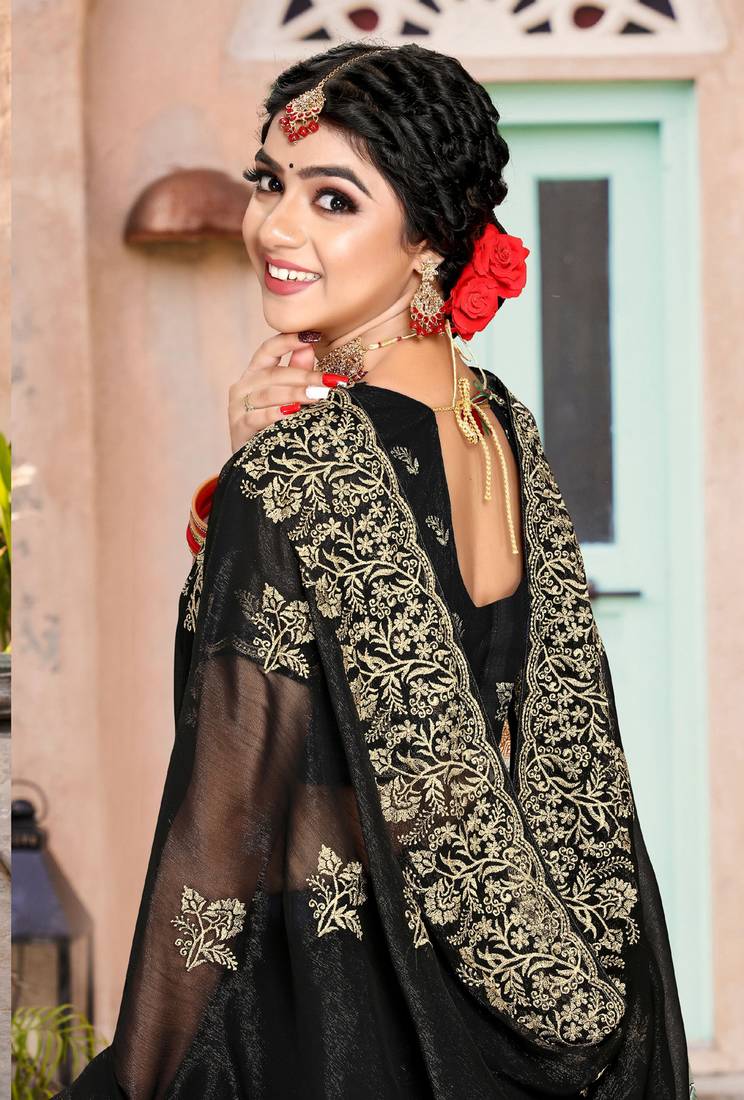 Designer Black Heavy Zari Embroidery Border Work Shimmer Silk Party Wear Saree