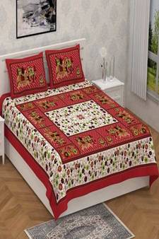 Runjhun 100% Cotton Maroon White base Barat Printed Double Bedsheet (90x100 Inch)
