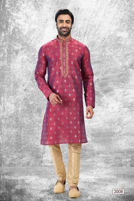 Pink embroidered brocade kurta-pajama 1