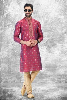 Pink embroidered brocade kurta-pajama 2