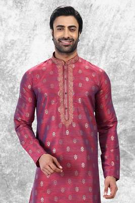 Pink embroidered brocade kurta-pajama 4