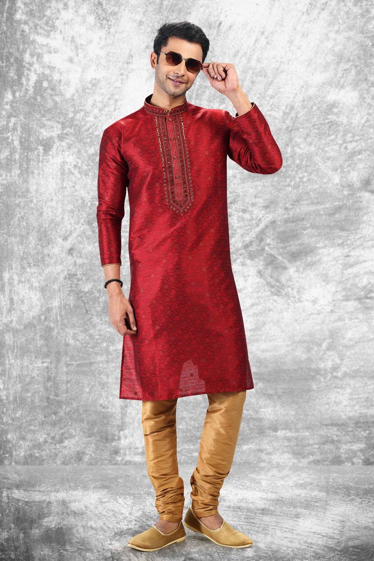 Maroon embroidered brocade kurta-pajama