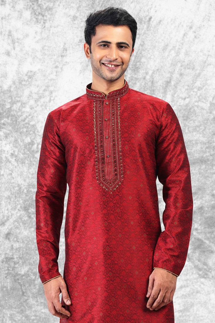 Maroon embroidered brocade kurta-pajama