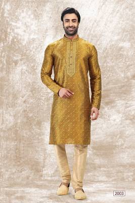 Yellow embroidered brocade kurta-pajama 1