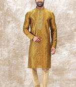 Yellow embroidered brocade kurta-pajama