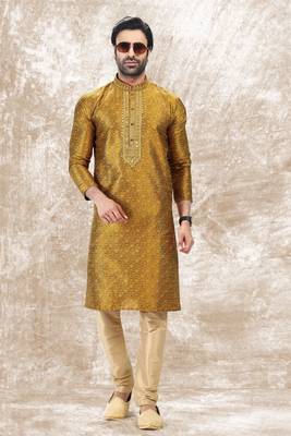 Yellow embroidered brocade kurta-pajama 2