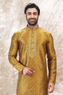 Yellow embroidered brocade kurta-pajama 4