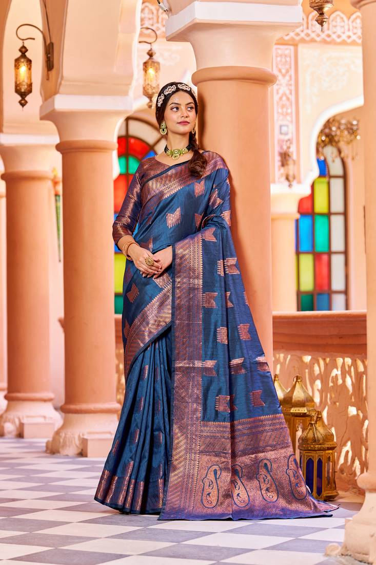 Navy blue woven silk saree with blouse