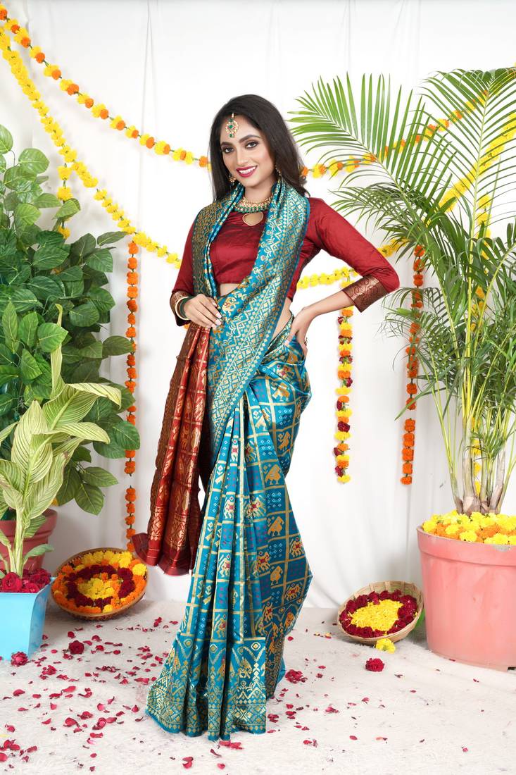 SKY BLUE BANDHANI PATOLA HATHI DESIGN SILK SAREE 
