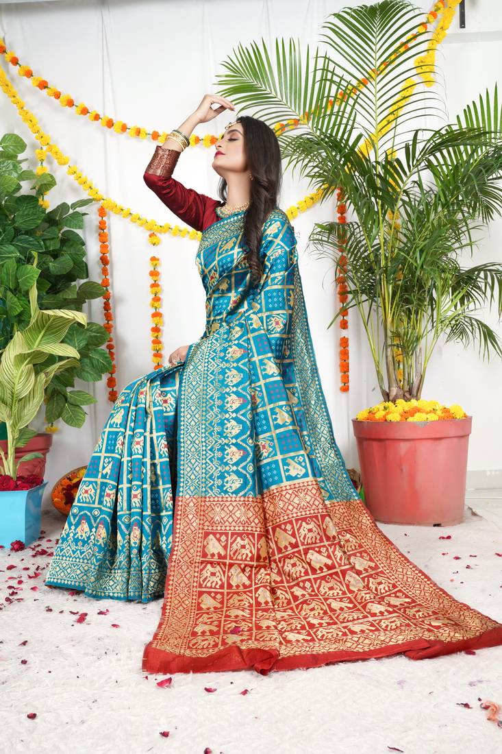 SKY BLUE BANDHANI PATOLA HATHI DESIGN SILK SAREE 