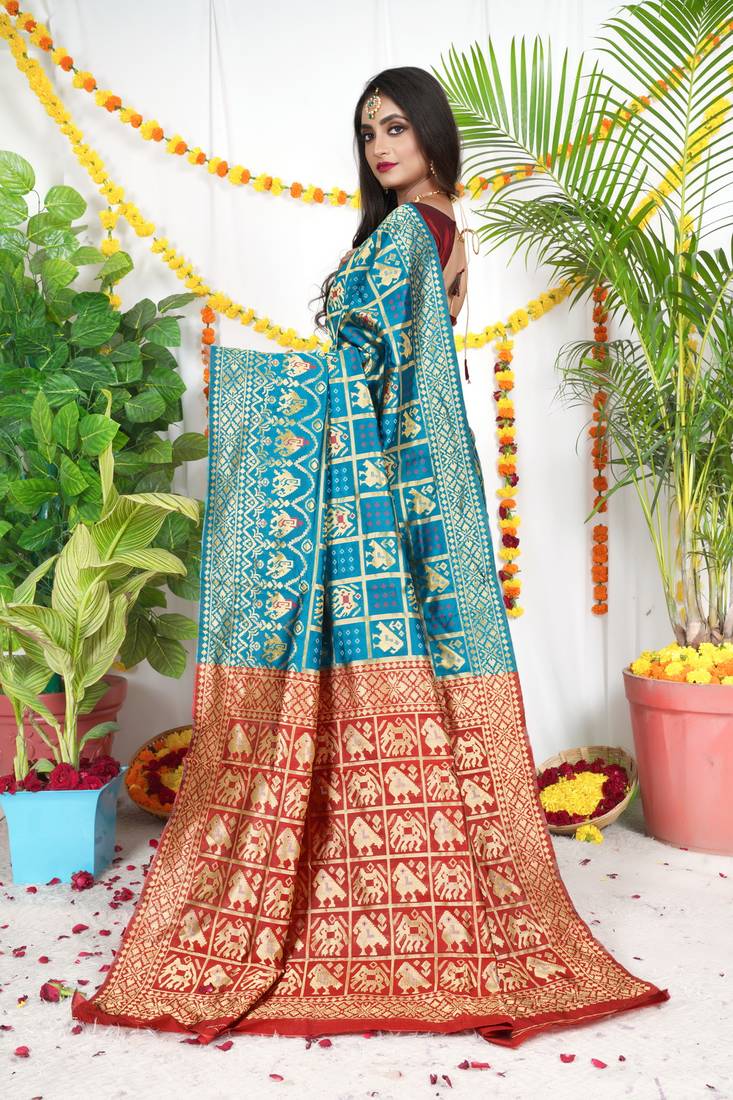 SKY BLUE BANDHANI PATOLA HATHI DESIGN SILK SAREE 