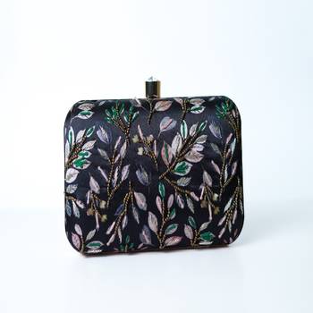 BLACK WITH ANTIQUE GOLDEN COLOR GOLDEN BEADED HAND EMBROIDED CLUTCH CUM SLING BAG 1