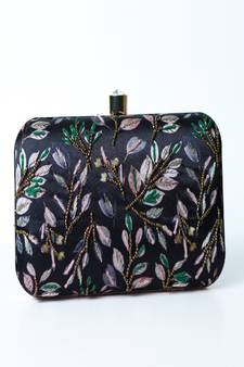 BLACK WITH ANTIQUE GOLDEN COLOR GOLDEN BEADED HAND EMBROIDED CLUTCH CUM SLING BAG