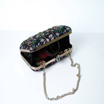 BLACK WITH ANTIQUE GOLDEN COLOR GOLDEN BEADED HAND EMBROIDED CLUTCH CUM SLING BAG 3