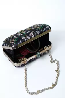 BLACK WITH ANTIQUE GOLDEN COLOR GOLDEN BEADED HAND EMBROIDED CLUTCH CUM SLING BAG