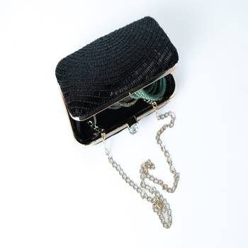 BLACK WITH BLACK COLOR KATDANA BEADED HAND EMBROIDED CLUTCH CUM SLING BAG 4