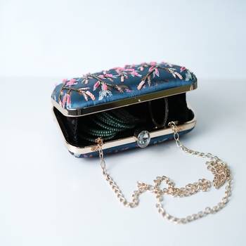 TURQUOISE BLUE  WITH MULTI COLOR  BEADED/SEQUINS WORK HAND EMBROIDED CLUTCH CUM SLING BAG 5