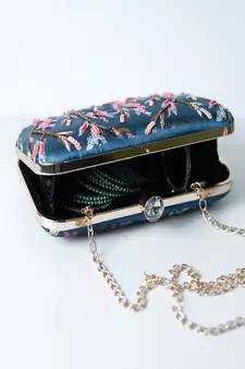 TURQUOISE BLUE  WITH MULTI COLOR  BEADED/SEQUINS WORK HAND EMBROIDED CLUTCH CUM SLING BAG