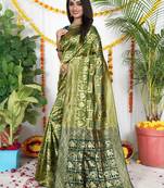 LIGHT GREEN BANDHNI PATOLA HATHI  DESIGN SAREE  
