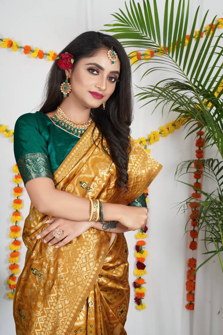 YELLOW BANDHANI PATOLA HATHI DESIGN BEAUTIFUL SAREE 